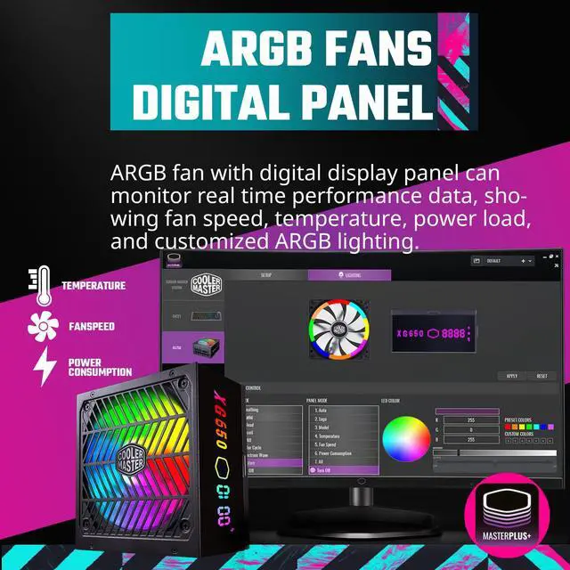 Alt view image 2 of 5 - Cooler Master XG650 Plus Platinum ARGB Fully Modular, 650W, Built-in Information Display Panel, ARGB 135mm Silent Fan, Intel ATX 12V Ver 2.53, 100% Japanese Capacitors (MPG-6501-AFBAP-XUS)