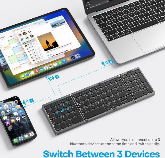 Alt view image 2 of 5 - OMOTON Foldable Bluetooth Keyboard, with Number Pad, Multi-Device and Rechargeable Keyboard Compatible with iPad, iPhone, Android, Windows Laptop, Desktop, Tablet and PC (Grey)