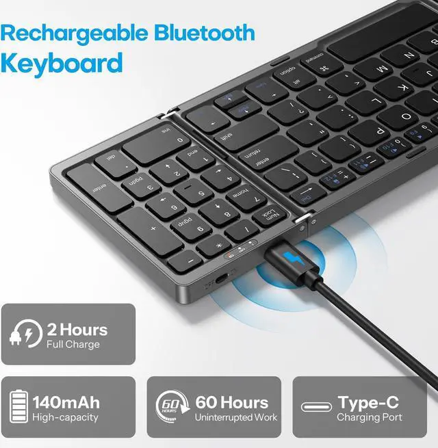 Alt view image 3 of 5 - OMOTON Foldable Bluetooth Keyboard, with Number Pad, Multi-Device and Rechargeable Keyboard Compatible with iPad, iPhone, Android, Windows Laptop, Desktop, Tablet and PC (Grey)
