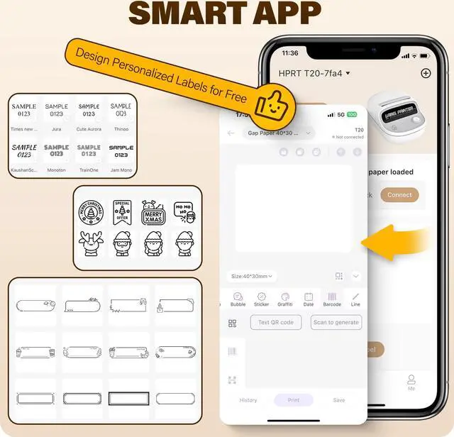 Alt view image 5 of 5 - HPRT T20 Label Printer, 2 Inch Portable Inkless Bluetooth Label Maker for Small Business, Address, Logo, Barcode, Clothing, Sticker Printer with Automatic Label Recognition