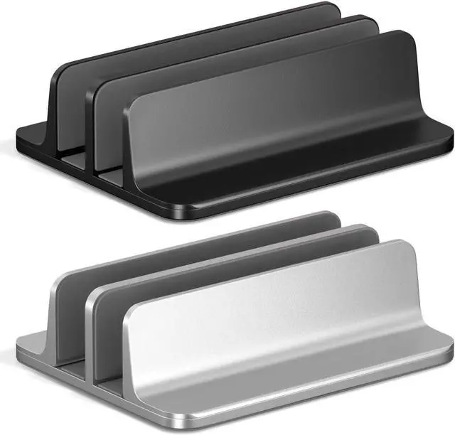 Main image of Kuzy Vertical Laptop Stand for Desk, MacBook Vertical Stand Aluminum, Laptop Holder Vertical, Laptop Vertical Stand Dual Slots Holder Adjustable Dock for Gaming Laptops, Black and Silver