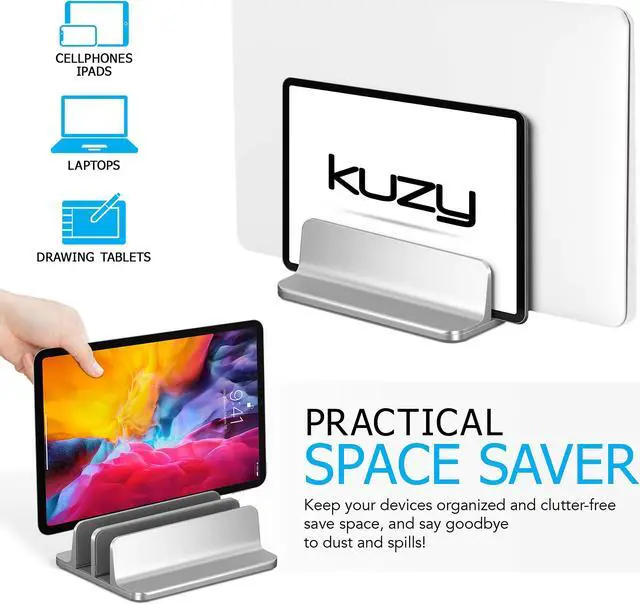 Alt view image 3 of 5 - Kuzy Vertical Laptop Stand for Desk, MacBook Vertical Stand Aluminum, Laptop Holder Vertical, Laptop Vertical Stand Dual Slots Holder Adjustable Dock for Gaming Laptops, Black and Silver