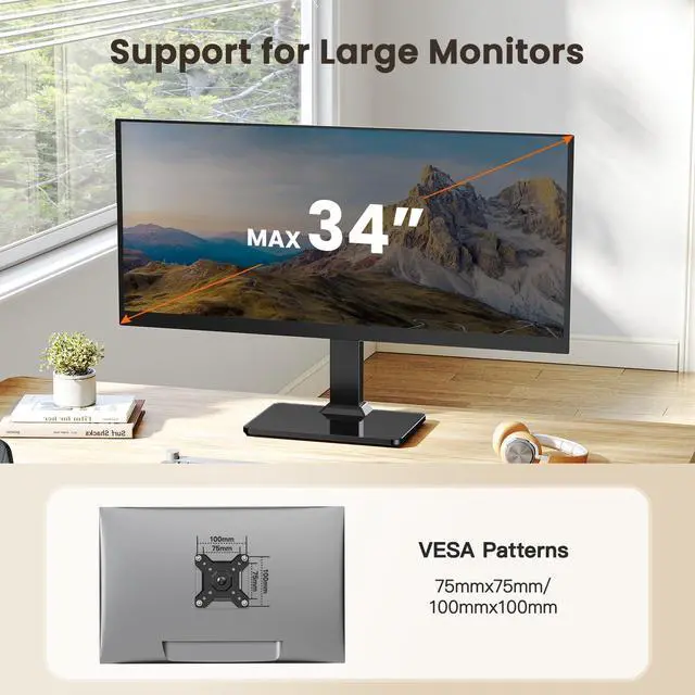 Alt view image 2 of 5 - ErGear Single Monitor Stand for 13-34 inch Screens up to 44 lbs, Free-Standing Monitor Riser with 5 Height Settings, Tabletop VESA Mount with Tempered Glass Base, Max VESA 100x100mm