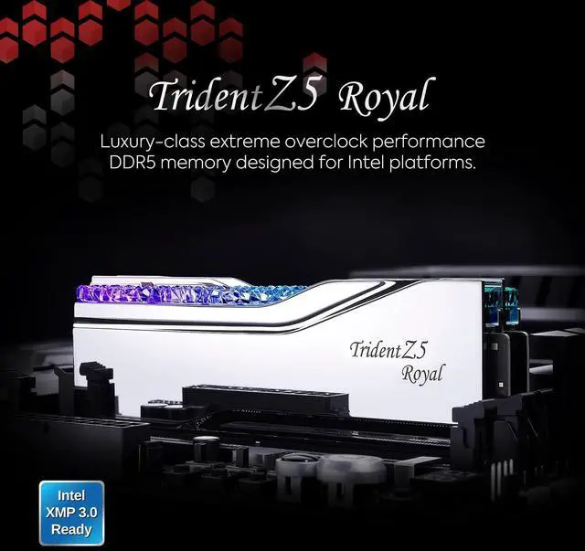 Alt view image 2 of 5 - G.SKILL Trident Z5 Royal Series (Intel XMP 3.0) DDR5 RAM 32GB (2x16GB) 7200MT/s CL34-45-45-115 1.40V Desktop Computer Memory UDIMM - Silver (F5-7200J3445G16GX2-TR5S)