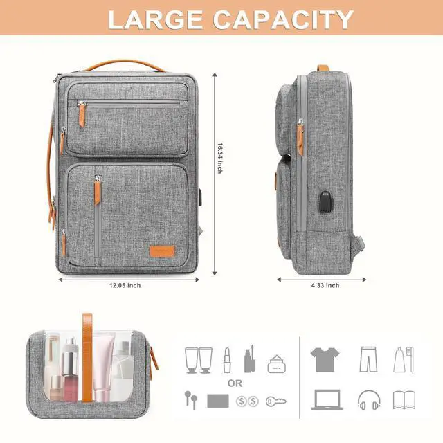 Alt view image 5 of 5 - MOSISO Laptop Backpack for Men Women, 15.6-16 inch Laptop Bag, Carry On Daypack for Travel Work, 3 in 1 Flight Approved Computer Travel Backpack with USB Charging Port & Toiletry Bag, Gray