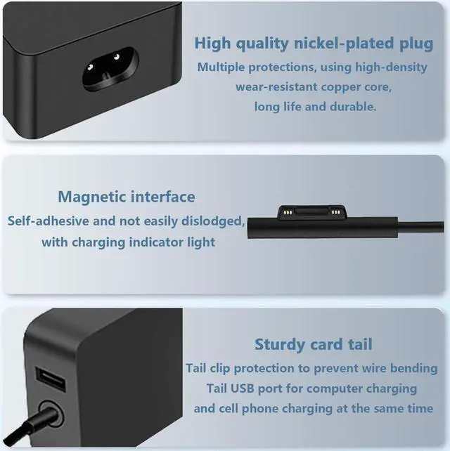 Alt view image 3 of 5 - 65W Surface Pro Charger Fit for Microsoft Surface Pro 9 8 7+ 7 6 5 4 3 X Fit Model 1706 1800 1625 1796 1769 1735 Laptop AC Adapter Power Supply Cord