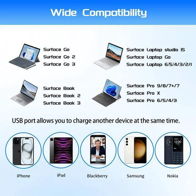 Alt view image 4 of 5 - 65W Surface Pro Charger Fit for Microsoft Surface Pro 9 8 7+ 7 6 5 4 3 X Fit Model 1706 1800 1625 1796 1769 1735 Laptop AC Adapter Power Supply Cord