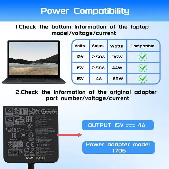 Alt view image 5 of 5 - 65W Surface Pro Charger Fit for Microsoft Surface Pro 9 8 7+ 7 6 5 4 3 X Fit Model 1706 1800 1625 1796 1769 1735 Laptop AC Adapter Power Supply Cord