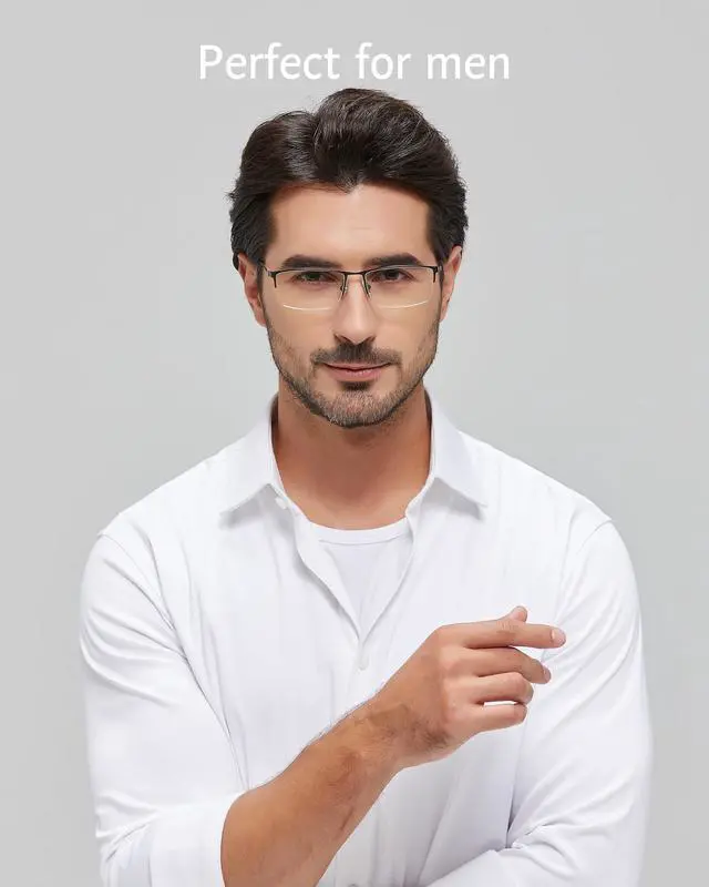 Alt view image 2 of 5 - ANRRI Blue Light Glasses Mens Rectangle Semi Rimless Glasses Computer Gaming glasses for men Lightweight Titanium Blue Eyewear