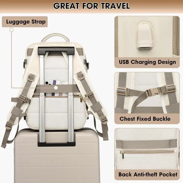 Alt view image 4 of 5 - bagswan Travel Backpack for Women, TSA Carry On Backpack Flight Approved Luggage, 35L Water Resistant Personal Item Daypack Large Weekender Bag fit 17 inch Laptop with Toiletry & Shoe Bag, Beige
