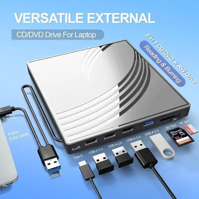Alt view image 4 of 5 - External CD/DVD Drive for Laptop with Carrying Case,DVD Player for Laptop,Portable CD Burner with 4 USB Ports, 2 TF/SD Card Slots,CD Disk Drive Player Reader Write