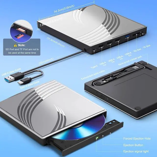 Alt view image 5 of 5 - External CD/DVD Drive for Laptop with Carrying Case,DVD Player for Laptop,Portable CD Burner with 4 USB Ports, 2 TF/SD Card Slots,CD Disk Drive Player Reader Write
