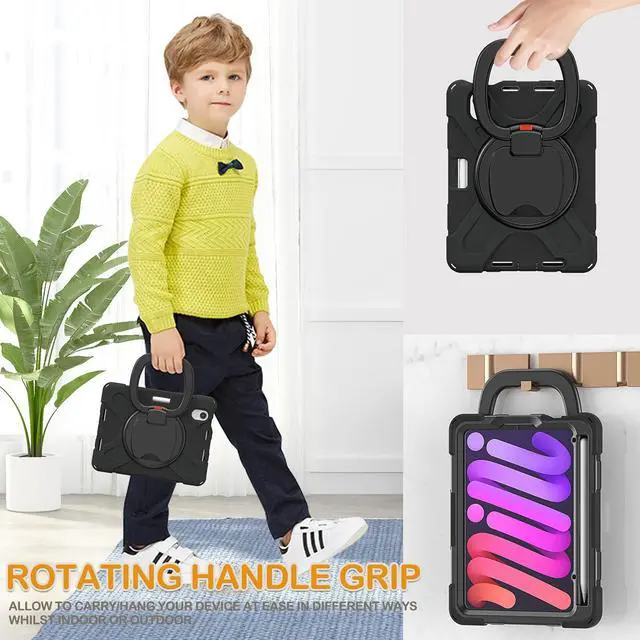 Alt view image 4 of 5 - BRAECN Case for iPad mini 7 (A17 Pro) 2024 / iPad mini 7th/6th Gen 8.3-Inch, Silicone Cover w/Screen Protector, Pencil Holder [Supports Pencil Charging], Kickstand, Handle Grip, Shoulder Strap, Black