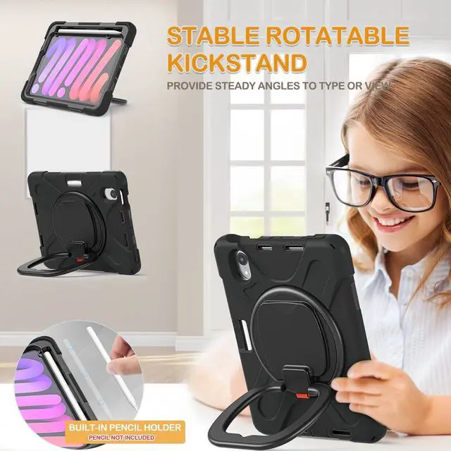 Alt view image 3 of 5 - BRAECN Case for iPad mini 7 (A17 Pro) 2024 / iPad mini 7th/6th Gen 8.3-Inch, Silicone Cover w/Screen Protector, Pencil Holder [Supports Pencil Charging], Kickstand, Handle Grip, Shoulder Strap, Black