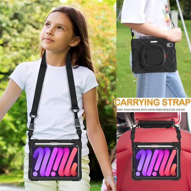 Alt view image 5 of 5 - BRAECN Case for iPad mini 7 (A17 Pro) 2024 / iPad mini 7th/6th Gen 8.3-Inch, Silicone Cover w/Screen Protector, Pencil Holder [Supports Pencil Charging], Kickstand, Handle Grip, Shoulder Strap, Black