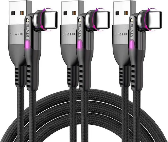 Main image of Statik 3 Pack 3FT/1M USB A to USB C Cable, Right Angle Rotating Head, 15W Fast Charging, Data Transfer, Compatible with iPhone, Galaxy, Pixel, MacBook