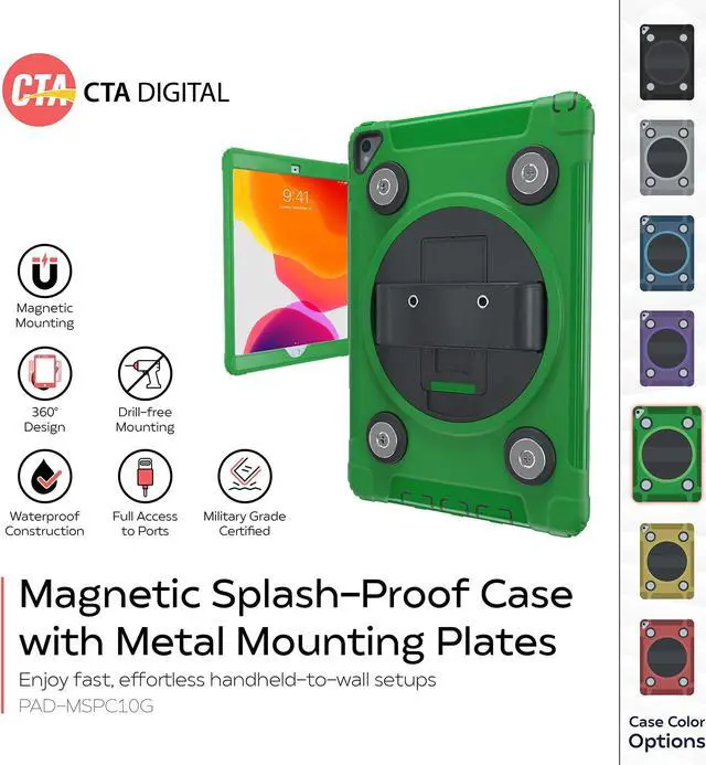 Alt view image 2 of 5 - Magnetic Case for iPad 7/8/9 Gen - CTA Hard Kickstand Case with Magnetic Mounting Plates and Carry On Strap for iPad 7/8/9th Generation - Green