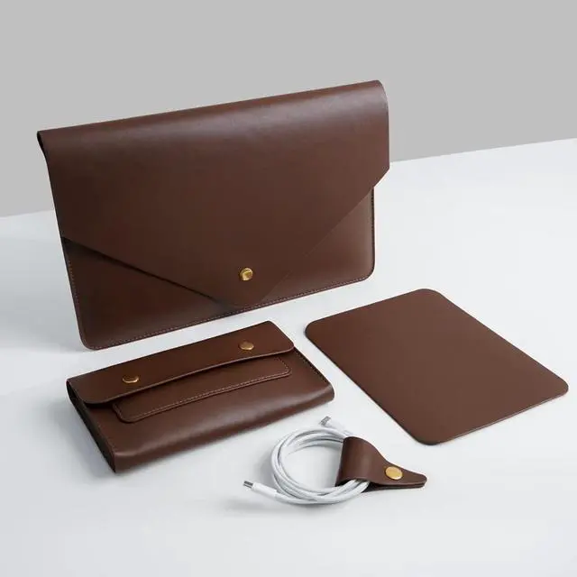 Main image of Benfan PU Leather Laptop Sleeve 13 Inch Compatible for 13 MacBook Air M3 M2,13 MacBook Pro M2, Surface Pro, Dell XPS 13 with Small Pouch, Mouse Pad and Cord Organizer Color Dark Brown