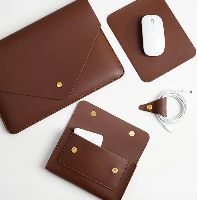 Alt view image 5 of 5 - Benfan PU Leather Laptop Sleeve 13 Inch Compatible for 13 MacBook Air M3 M2,13 MacBook Pro M2, Surface Pro, Dell XPS 13 with Small Pouch, Mouse Pad and Cord Organizer Color Dark Brown