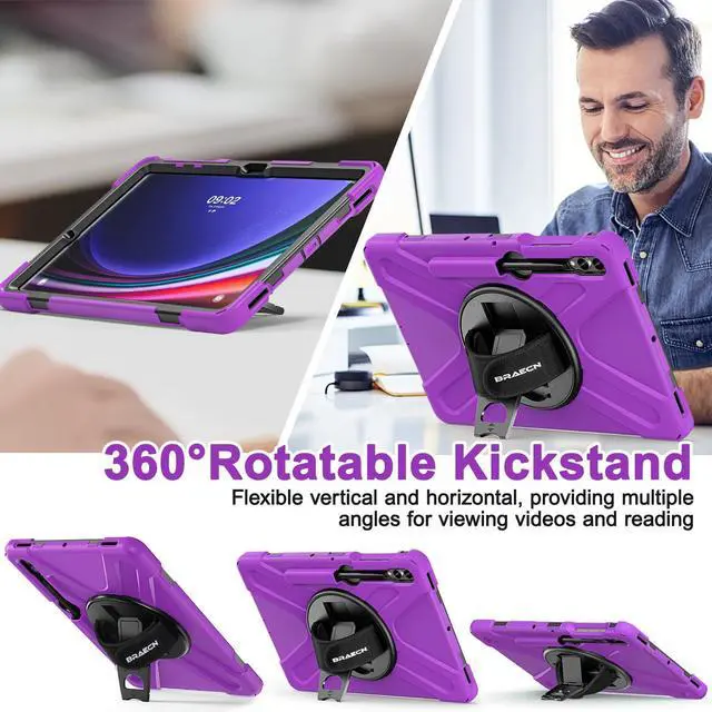Alt view image 3 of 5 - BRAECN for Galaxy Tab S10 Plus Case 2024&S9 FE Plus/S8 Plus/S7 Plus /S7 FE 12.4 Inch,Heavy Duty Shockproof Case with S Pen Holder&360 Rotating Hand Strap/Kickstand/Shoulder Strap for Tab S10+,Purple
