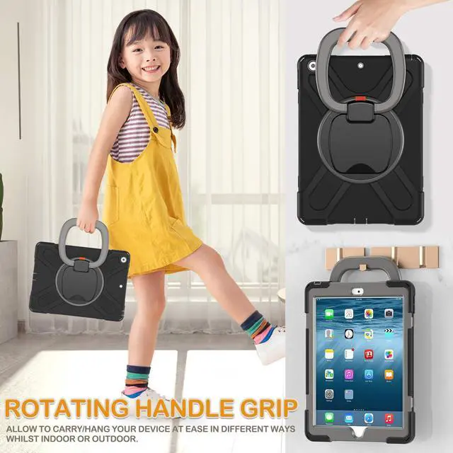 Alt view image 4 of 5 - BRAECN for iPad 9th 8th 7th Generation Case Kids, Shockproof Silicone Cover with Screen Protector, Handle Grip, Stand, Shoulder Strap, Pencil Holder, Pencil Cap Holder for iPad 10.2 Inch-Black+Grey