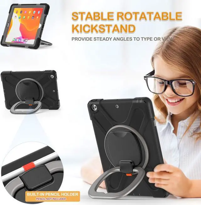 Alt view image 3 of 5 - BRAECN for iPad 9th 8th 7th Generation Case Kids, Shockproof Silicone Cover with Screen Protector, Handle Grip, Stand, Shoulder Strap, Pencil Holder, Pencil Cap Holder for iPad 10.2 Inch-Black+Grey