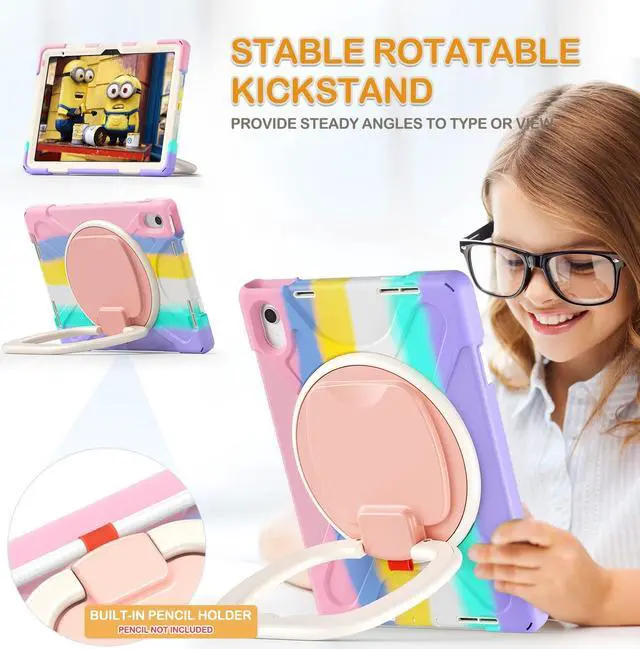Alt view image 3 of 5 - BRAECN Kids Case for iPad (A16) 11th/10th Generation 11/10.9'' 2025/2022, Heavy Duty Rugged Silicone Cover with Screen Protector, Kickstand, Shoulder Strap, Pencil Holder & Ring Stand, Colorful Pink