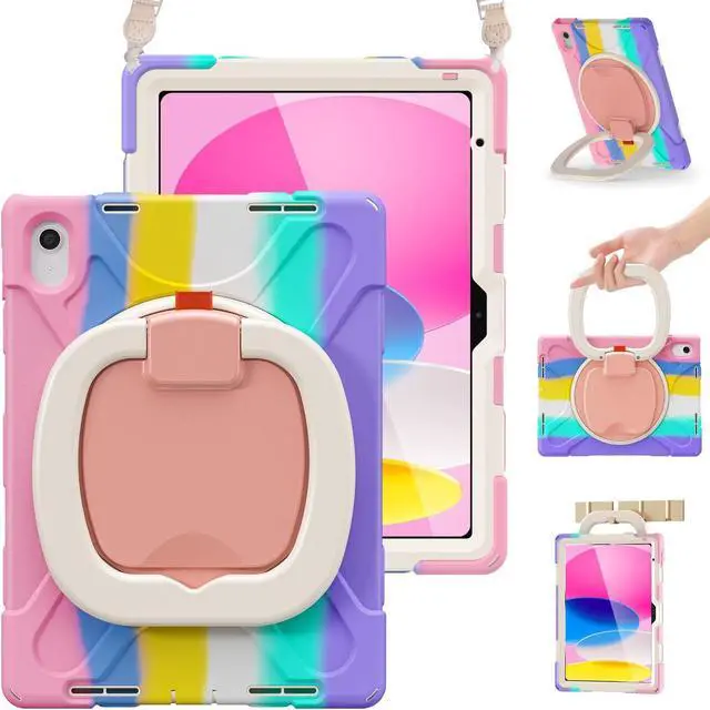 Main image of BRAECN Kids Case for iPad (A16) 11th/10th Generation 11/10.9'' 2025/2022, Heavy Duty Rugged Silicone Cover with Screen Protector, Kickstand, Shoulder Strap, Pencil Holder & Ring Stand, Colorful Pink
