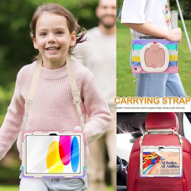 Alt view image 5 of 5 - BRAECN Kids Case for iPad (A16) 11th/10th Generation 11/10.9'' 2025/2022, Heavy Duty Rugged Silicone Cover with Screen Protector, Kickstand, Shoulder Strap, Pencil Holder & Ring Stand, Colorful Pink