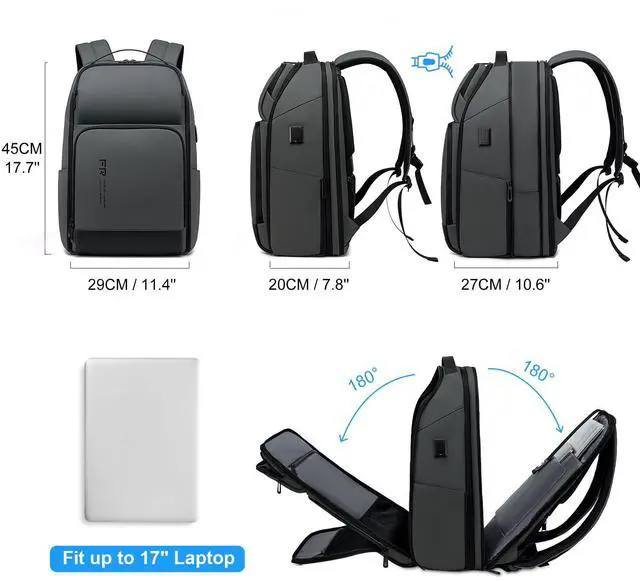 Alt view image 2 of 5 - FENRUIEN 17 Inch Travel Backpack Gray, Expandable Water Resistant Computer Backpack with USB Port, Black Laptop Bag for Business/College/Work