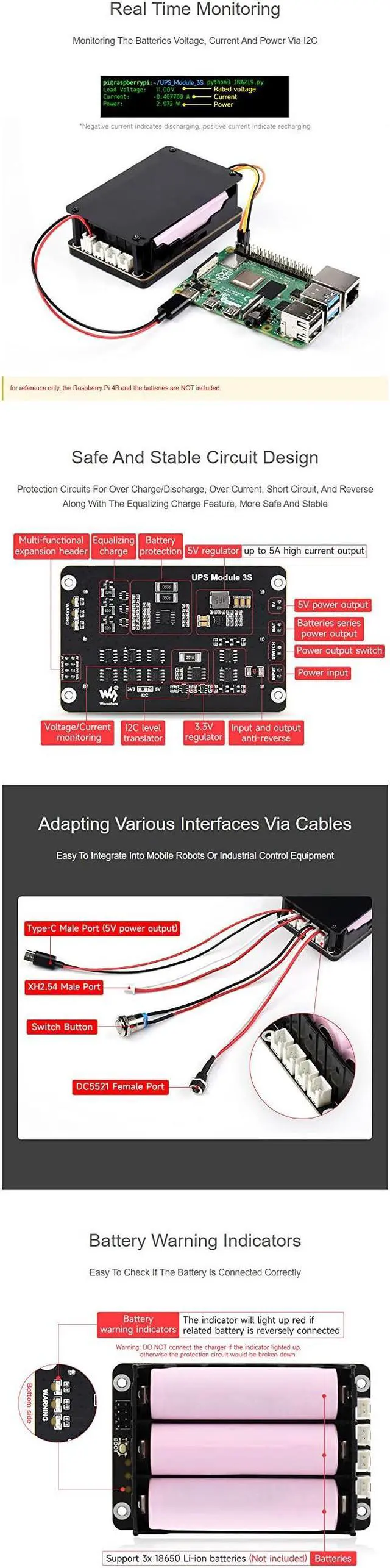 Alt view image 5 of 5 - Uninterruptible Power Supply UPS Module for for Raspberry Pi 4B+ 4B 3B+ 3B 2B+ Zero W WH Jetson Nano Supports Charging and Power Output at The Same Time 3S & 5V 5A Output
