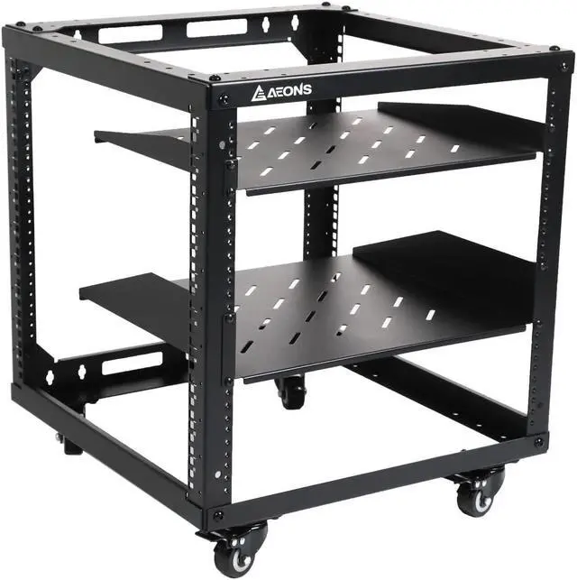 Main image of AEONS 10U Open Frame Network Server Rack 19-inch 4 Post AV Rack with Casters for Floor Standing and Wall Mount, Side Load for Extra Depth Complete Kit with 1U and 2U Vented Shelves, Black