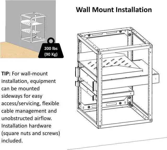 Alt view image 4 of 5 - AEONS 10U Open Frame Network Server Rack 19-inch 4 Post AV Rack with Casters for Floor Standing and Wall Mount, Side Load for Extra Depth Complete Kit with 1U and 2U Vented Shelves, Black