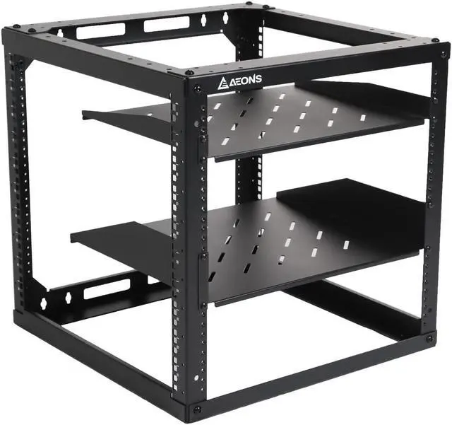 Alt view image 3 of 5 - AEONS 10U Open Frame Network Server Rack 19-inch 4 Post AV Rack with Casters for Floor Standing and Wall Mount, Side Load for Extra Depth Complete Kit with 1U and 2U Vented Shelves, Black