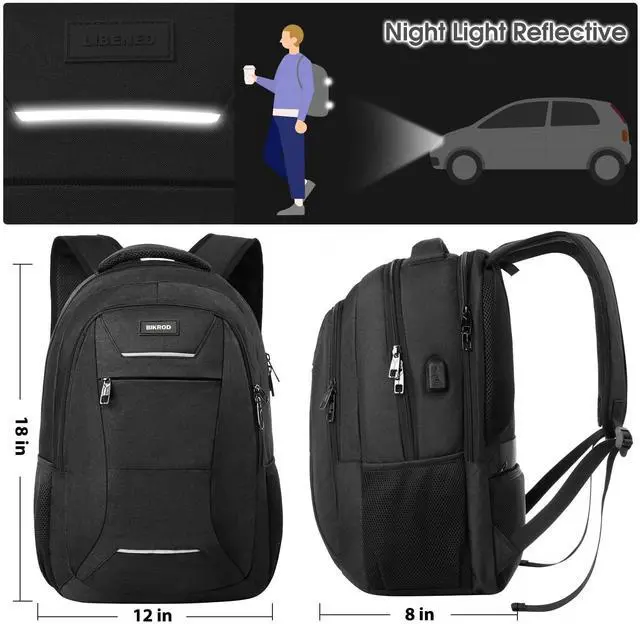 Alt view image 5 of 5 - BIKROD Backpack for Men & Women, School Backpack for Teens, Black Water Resistant Travel College Bookbag with USB Charging Port Fits 15.6 Inch Laptop