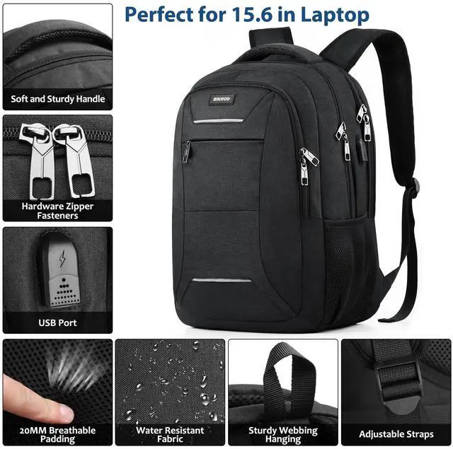 Alt view image 3 of 5 - BIKROD Backpack for Men & Women, School Backpack for Teens, Black Water Resistant Travel College Bookbag with USB Charging Port Fits 15.6 Inch Laptop