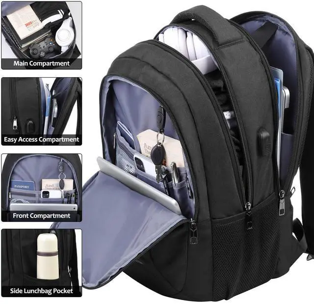 Alt view image 2 of 5 - BIKROD Backpack for Men & Women, School Backpack for Teens, Black Water Resistant Travel College Bookbag with USB Charging Port Fits 15.6 Inch Laptop