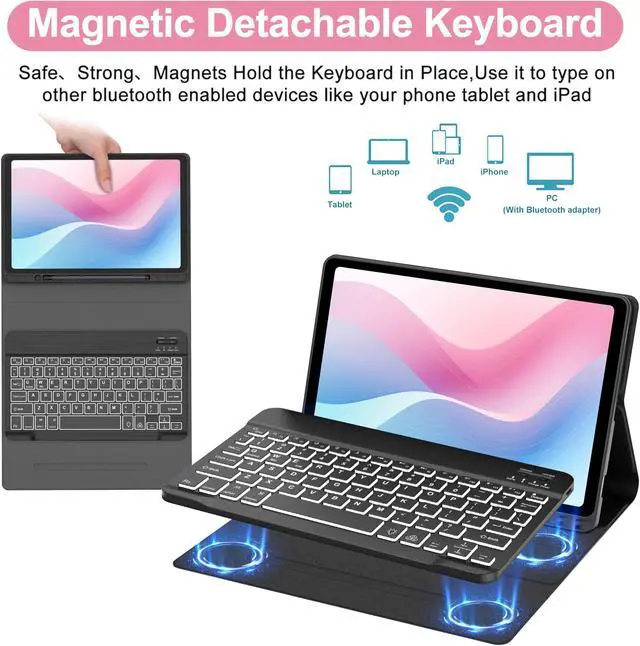 Alt view image 5 of 5 - Galaxy Tab S9 FE 5G Case with Keyboard, Magnetic Detachable Bluetooth Keyboard | 7 Colors Backlit, Smart Folio Cover with S Pen Holder for Samsung Tab S9 FE 10.9"/S9 11", Auto Sleep/Wake Up Rose Gold
