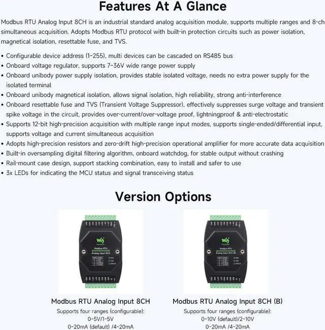 Alt view image 4 of 5 - Waveshare Industrial 8-Ch Analog Acquisition Module, 12-Bit High-Precision, Supports Voltage and Current Acquisition, DC 7~36V Wide Voltage Power Supply, 8-ch Voltage Mode, 0~10V