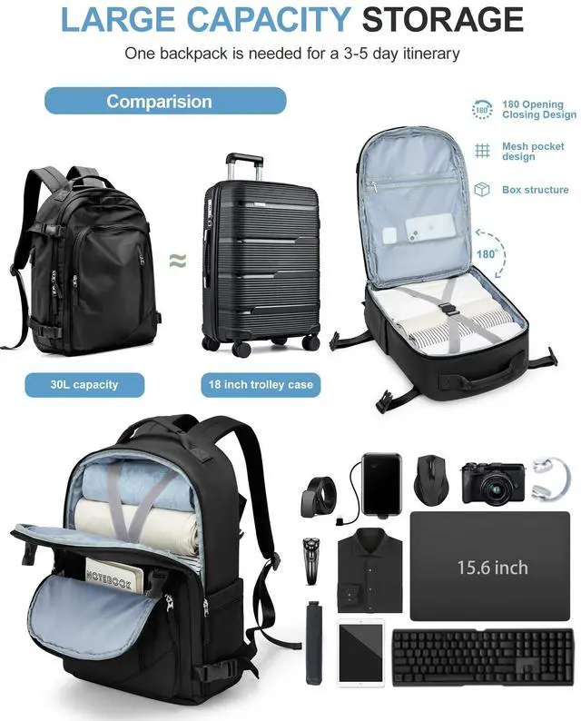 Alt view image 3 of 5 - Travel Backpack for Women Men, Carry on Backpack Flight Approved Item Bag,Casual Daypacks Cabin Bagage,Hiking Backpack Lightweight Rucksack, Business Laptop Backpack with USB Charger Black Large