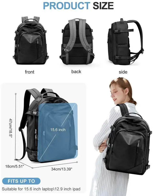 Alt view image 4 of 5 - Travel Backpack for Women Men, Carry on Backpack Flight Approved Item Bag,Casual Daypacks Cabin Bagage,Hiking Backpack Lightweight Rucksack, Business Laptop Backpack with USB Charger Black Large