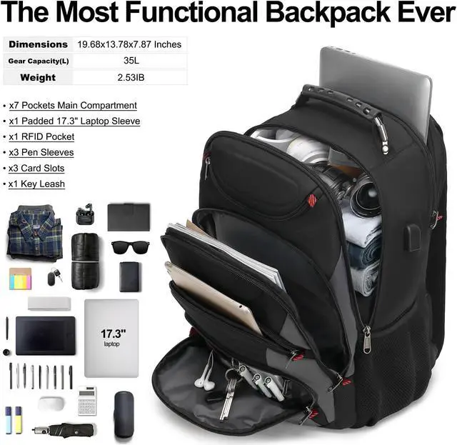 Alt view image 5 of 5 - Boavan Laptop Backpack for men, 17.3 inch Laptop Bag with USB Port, Waterproof Travel Work Backpack Purse, Anti-Theft Teacher Nurse Doctor Casual Bookbags Office Business backpackBlack&Dark Grey