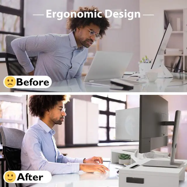 Alt view image 4 of 5 - BONTEC Dual Monitor Stand Riser with Smartphone Holder, Adjustable Length & Swivel Angle, Ergonomic Wooden Desktop Organizer for PC Monitor, Laptop, Printer, Large Storage, White