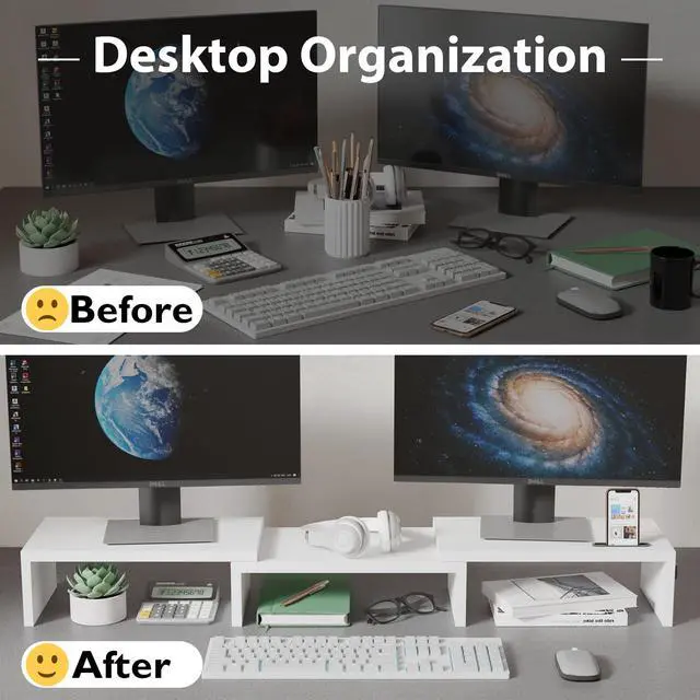 Alt view image 2 of 5 - BONTEC Dual Monitor Stand Riser with Smartphone Holder, Adjustable Length & Swivel Angle, Ergonomic Wooden Desktop Organizer for PC Monitor, Laptop, Printer, Large Storage, White