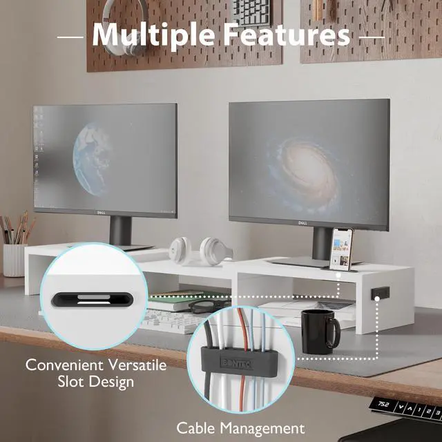 Alt view image 5 of 5 - BONTEC Dual Monitor Stand Riser with Smartphone Holder, Adjustable Length & Swivel Angle, Ergonomic Wooden Desktop Organizer for PC Monitor, Laptop, Printer, Large Storage, White