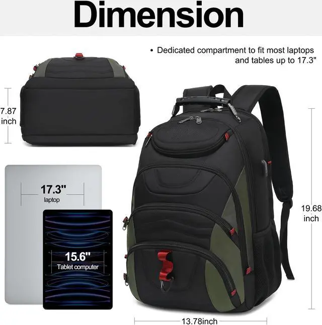 Alt view image 2 of 5 - Boavan Laptop Backpack for men, 17.3 inch Laptop Bag with USB Port, Waterproof Travel Work Backpack Purse, Anti-Theft Teacher Nurse Doctor Casual Bookbags Office Business backpack,Black&Army Green