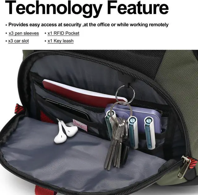 Alt view image 3 of 5 - Boavan Laptop Backpack for men, 17.3 inch Laptop Bag with USB Port, Waterproof Travel Work Backpack Purse, Anti-Theft Teacher Nurse Doctor Casual Bookbags Office Business backpack,Black&Army Green