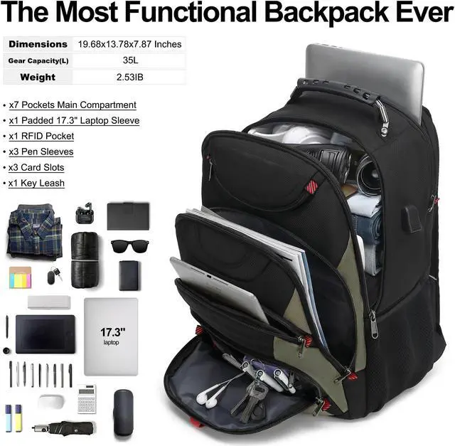 Alt view image 5 of 5 - Boavan Laptop Backpack for men, 17.3 inch Laptop Bag with USB Port, Waterproof Travel Work Backpack Purse, Anti-Theft Teacher Nurse Doctor Casual Bookbags Office Business backpack,Black&Army Green