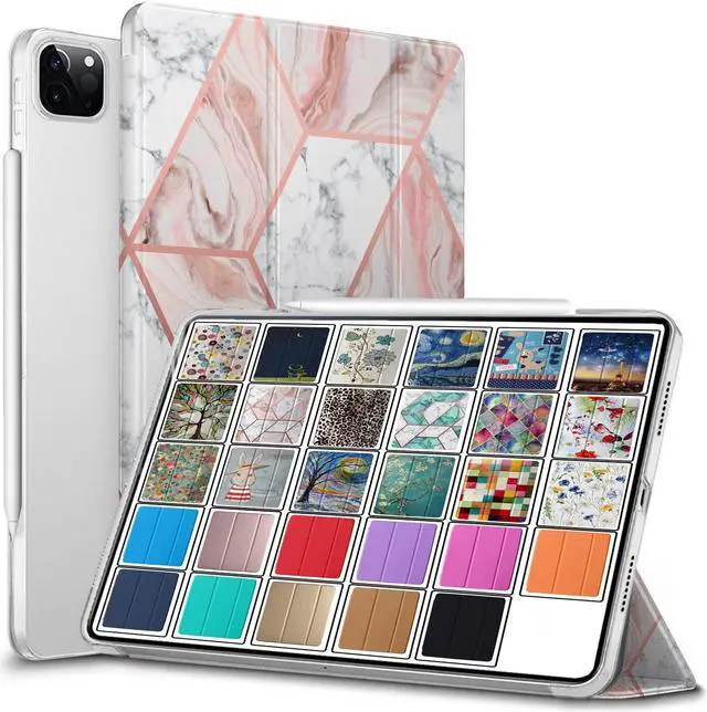 Main image of DuraSafe Cases for iPad PRO 12.9 Inch 2021 5th 2020 4th Gen [ Pro 12.9 5 4 ] A2378 A2461 A2379 MHNR3LL/A MHNT3LL/A MY3K2LL/A MY3J2LL/A Printed PC Dual Angle Stand Clear Flip Back Cover - Pink Marble