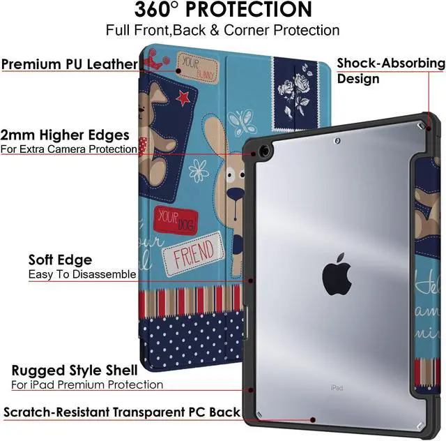 Alt view image 4 of 5 - DuraSafe Cases for iPad 10.2 Inch 9 8 7 2021 2020 2019 [iPad 9th / 8th / 7th Gen ] A2197 A2270 A2602 Shock Absorbing Design with Soft Edges & Dual Angle Stand Pencil Holder Cover - Puppy Friend Print